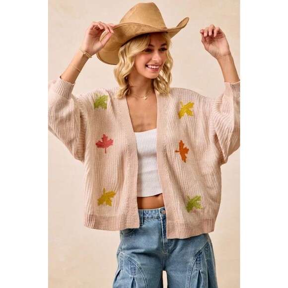 BiBi Two Tone Knit Cardigan with Leaf Appliqués - Picture 6 of 11
